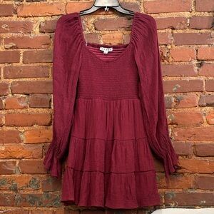 HYFVE Maroon Smocked Top Tiered Puff Sleeve Dress Holidays Size Small